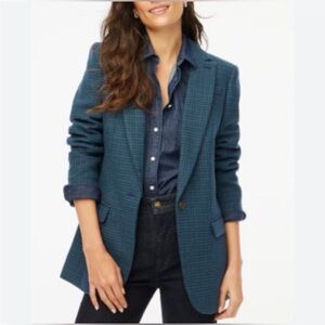 J.Crew Relaxed One Button Wool Blend Blazer Blue Houndstooth Women Sz 16 Preppy